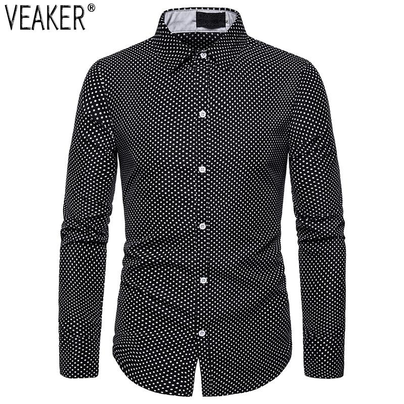 

2020 Autumn New Men' Slim Fit Polka Dot Shirt Male Long Sleeve Printed Casual Business Shirt Tops -2XL, Black