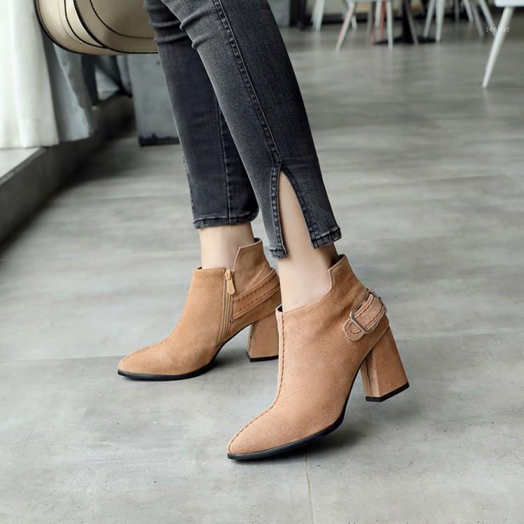 

Big Size 11 12 13 14 15 16 Suede pointed thick heel high heel side zipper belt buckle metal decorative Knight boots1, Beige