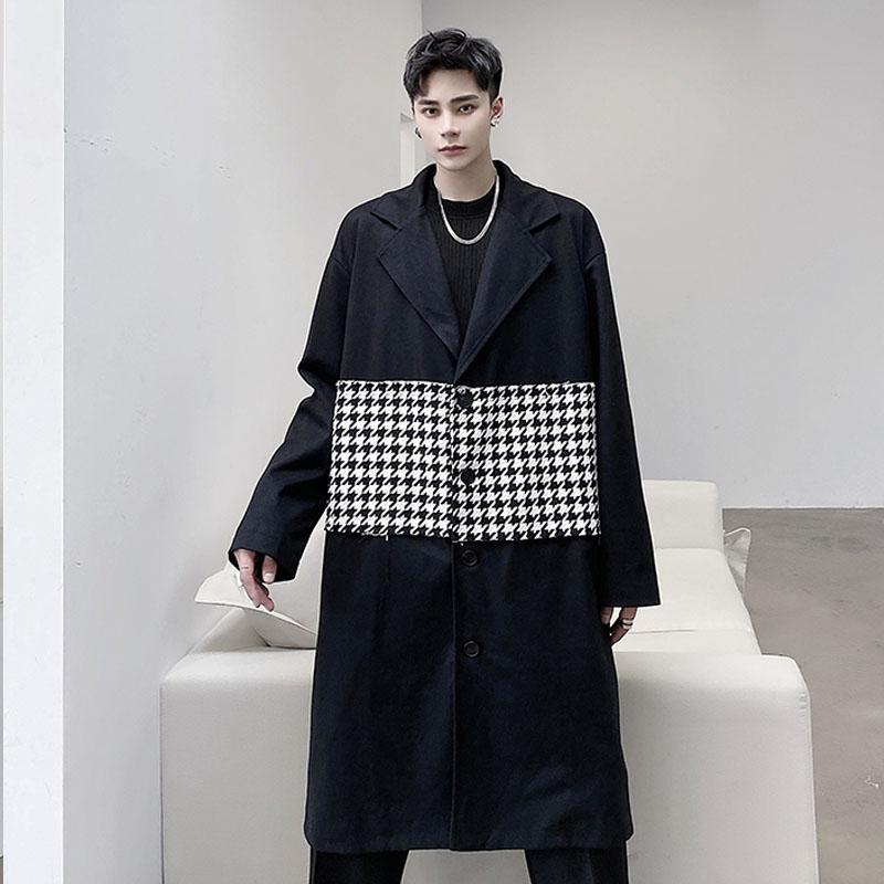 

Men Plaid Splice Wool Long Trench Coat Outerwear Male Streetwear Vintage Fashion Loose Woolen Windbreaker Jacket Overcoat, 1225