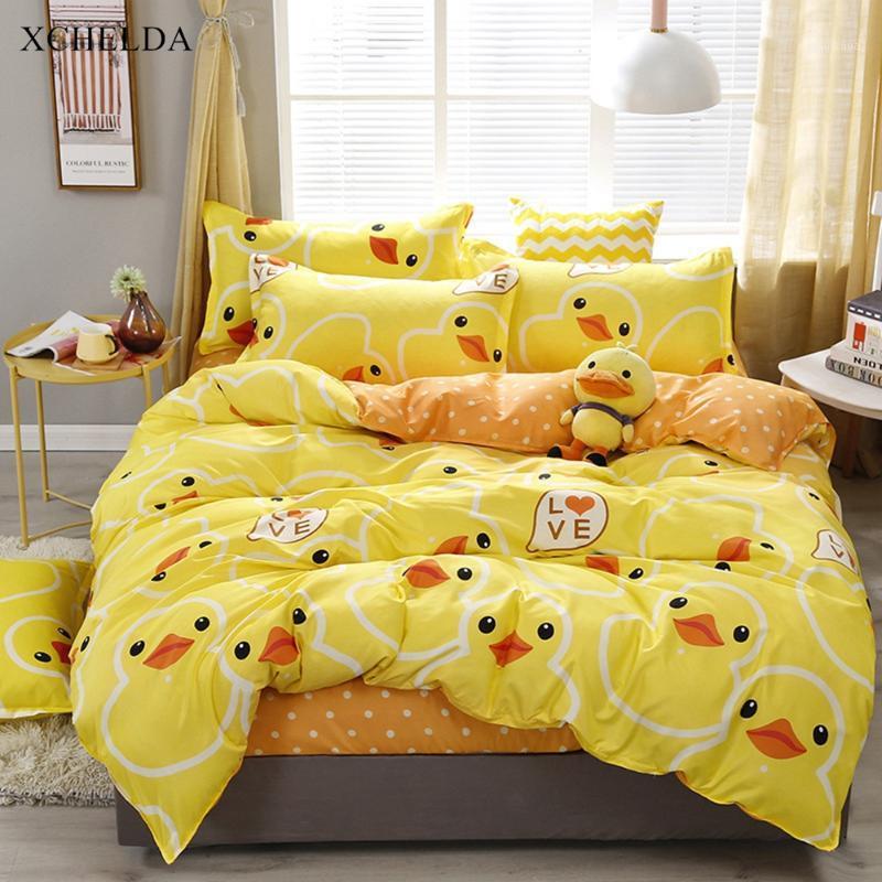 

Cotton Duvet Cover Set Double Queen King Yellow Kawaii Duck Bedspread Kids Single Bed sheet Pillowcases 4pcs Bedding set Family1, Bs004