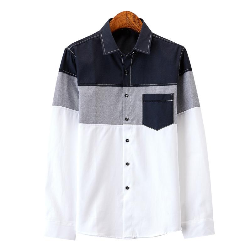 

Spring Autumn Men's Fashion Stitching Casual long Sleeve Shirt Large Size Slim Fit Clothes, Navy blue