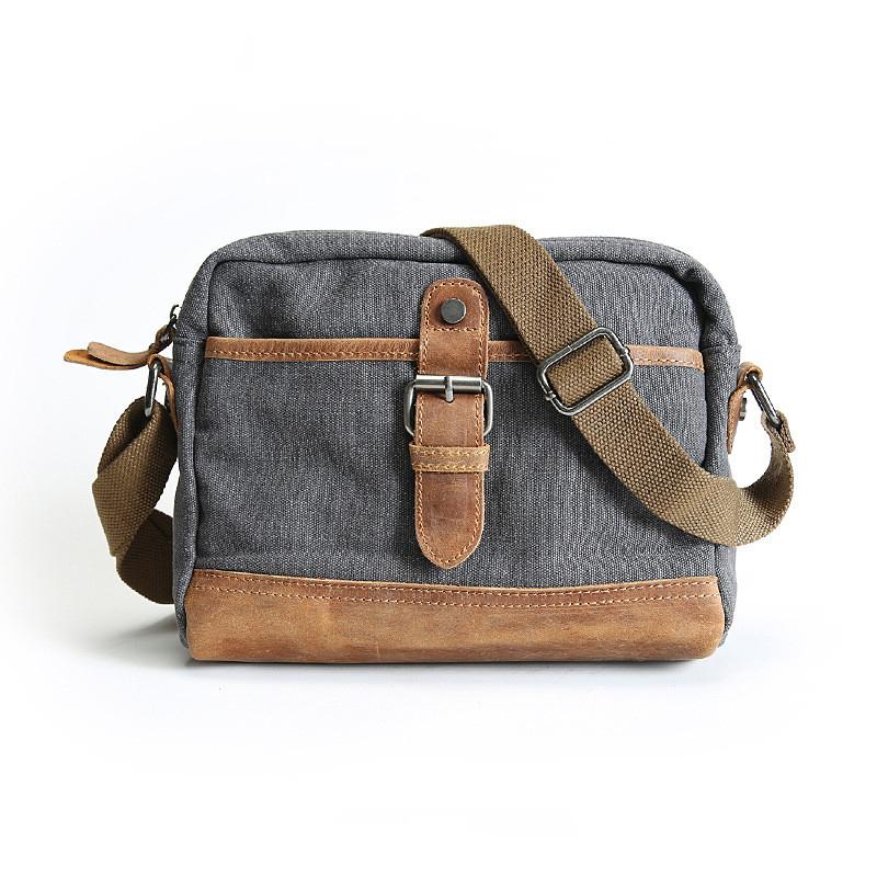 

Canvas And Genuine Leather Messenger Bag For Men Male Vintage Casual Small Shoulder Crossbody Bags Men's Handbag High Quality, Brown
