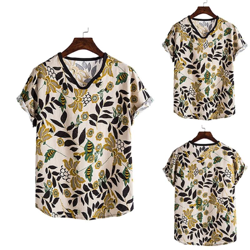 

Men's Top Ethnic Linen Printed T-Shirt Male V-Neck Short Sleeve T-Shirts Summer Thin And Comfortable Fashion All-match Tops