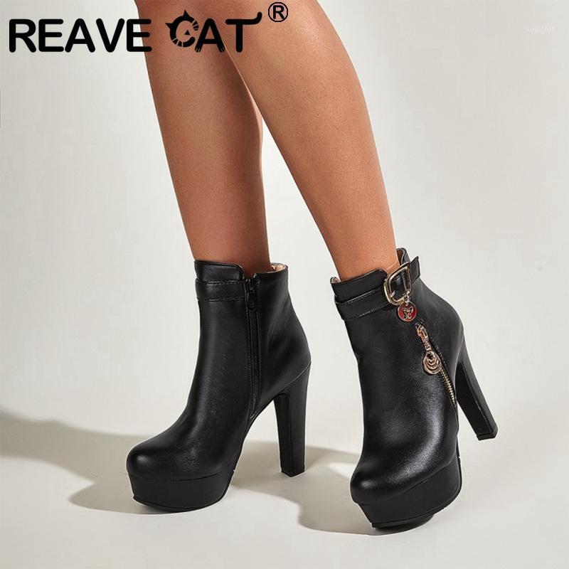 

REAVE CAT Ladies Ankle Boots Round Toe 12cm High Square Heels Zip Cool Buckle Stylish Platform Size 43 Chains Black C22241