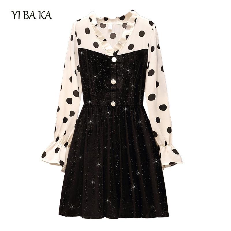 

plus size women dress 2020 long sleeve v neck dot print patchwork fashion shiny autumn dress elegant vintage vestidos, Black