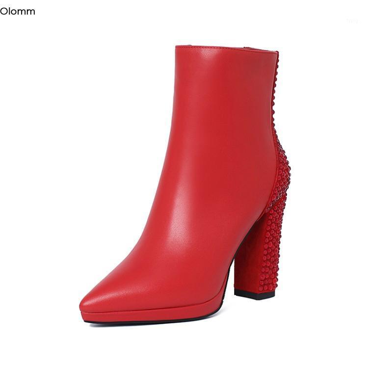 

Olomm Women Platform Ankle Boots Real Leather Rhinestone Square Heel Boots Pointed Toe Black Red Party Shoes Women US Size 4-9.51, D2637 red
