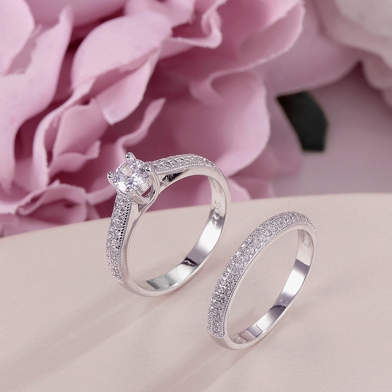 

100% Real 925 Silver Rings For Women Simple Double Stackable Fine Jewelry Bridal Sets Ring Wedding Engagement Accessory Y200620