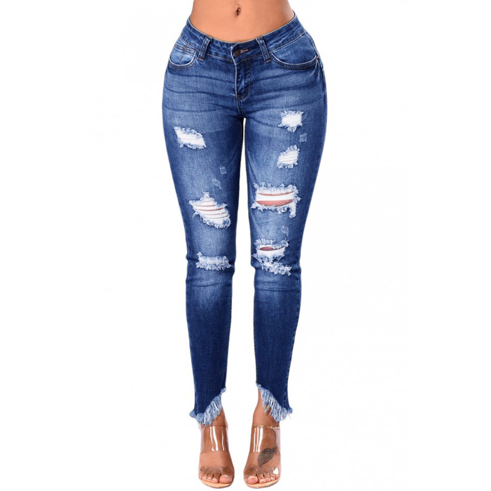 

Women's Jeans Fashion Pencil Skinny Denim Pants Women Washed Stretch Mid Waist Hole Ripped Hollow Out S-2XL, Blue