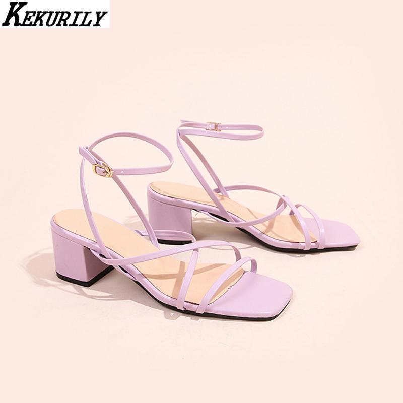 

Summer Gladiator Sandals Women Peep Toe Buckle Slides Narrow Band Square Heels Shoes Big Size Zapatos De Mujer Black Purple1, Lavender