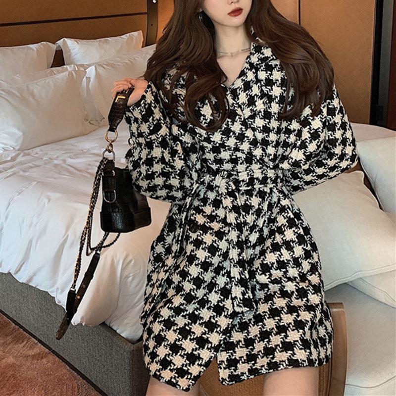 

Vintage England Style Turn Down Collar Laced Houndstooth Woolen Coat C3007, C3007-houndstooth
