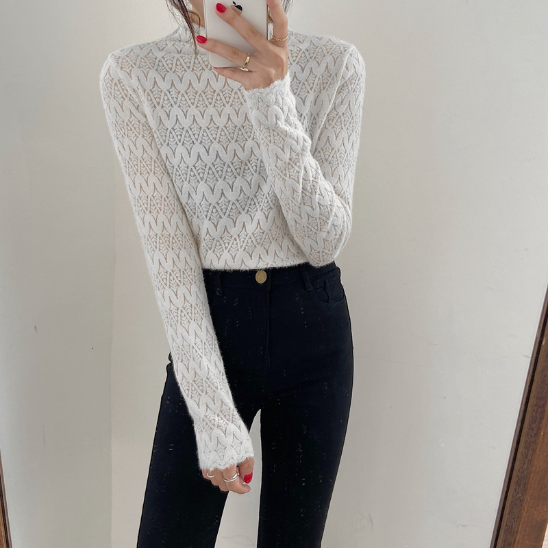 

2021 New Korean Style of Solid Chiffon Shirts Hollow Collar Out Lace Women's Crochet Shirt Long Sleeves Bottomming Spring 98BW, White