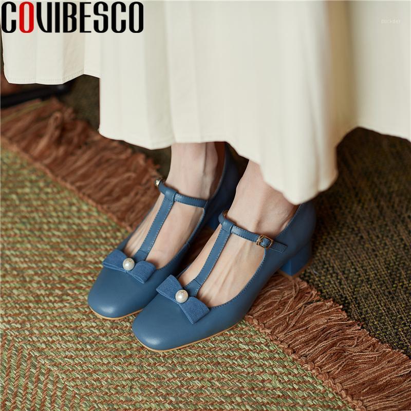 

COVIBESCO T-Strap Retro Elegant Concise Women Pumps Spring Butterfly-Knot High Heels Genuine Leather Shoes Woman Casual Office1, Blue