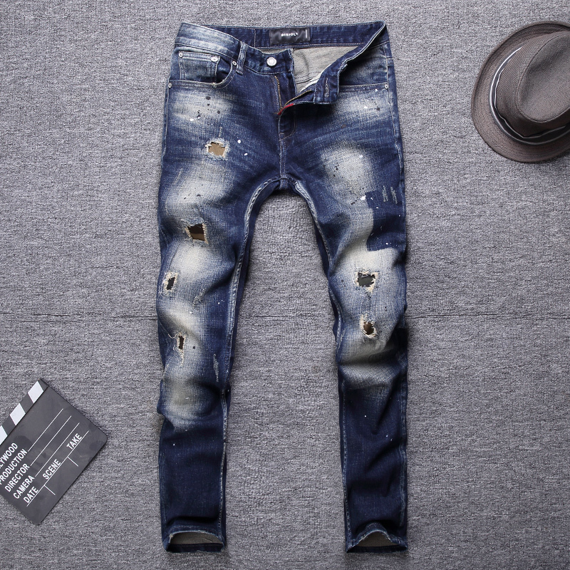 

2021 New Italian Vintage Fashion Slim Fit Destroyed Paint Designer Ripped Men Denim Pants Streetwear Hip Hop Homme 2tim, Retro blue
