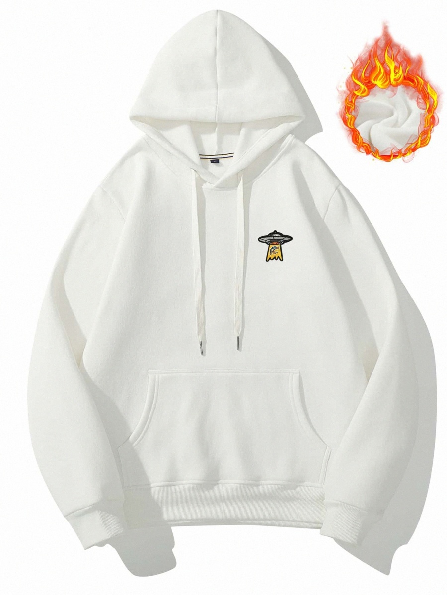 

Men Spaceship Embroidered Patched Kangaroo Pocket Drawstring Thermal Hoodie X11h#, White