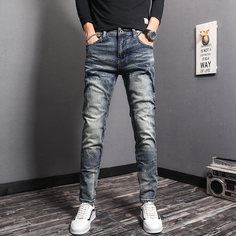 

2021 New Korean Style Fashion Men Jeans Slim Fit Casual Denim Ripped Trousers Elastic Retro Blue Wash Vintage Designer Pencil Pants Homme 96