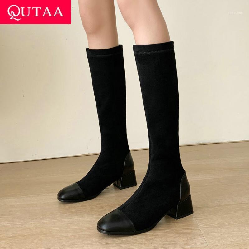 

QUTAA 2021 Retro Square Toe Slip On Women Shoes PU Flock Stretch Mid Calf Boots Autumn Winter Square Heel Long Boots Size 34-431, Khaki-long-short plu