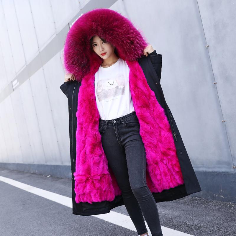 

2020 Female Detachable Real Fur Parkas Women Rex Fur Liner Raccoon Collar Coat, Middle- e