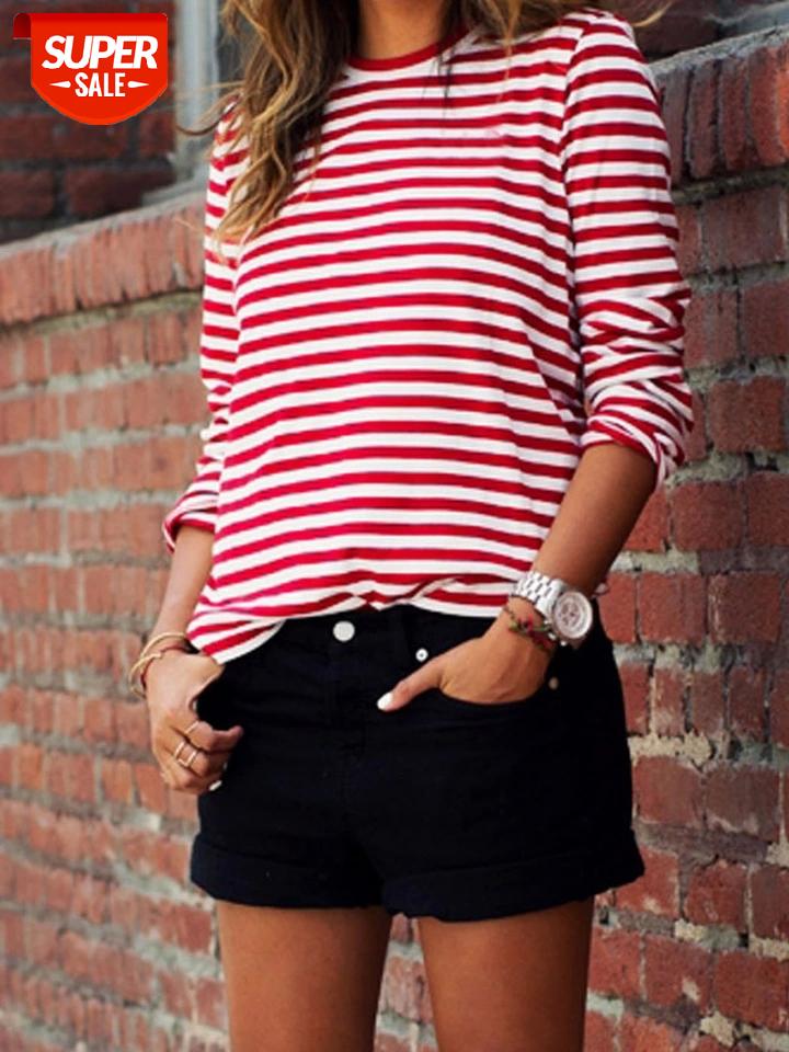 

New Casual Women Red White Striped Long Sleeve T Shirt Cotton Loose Shirt Female Basic O-Neck Tops Tee Autumn Pullovers #NJ6R