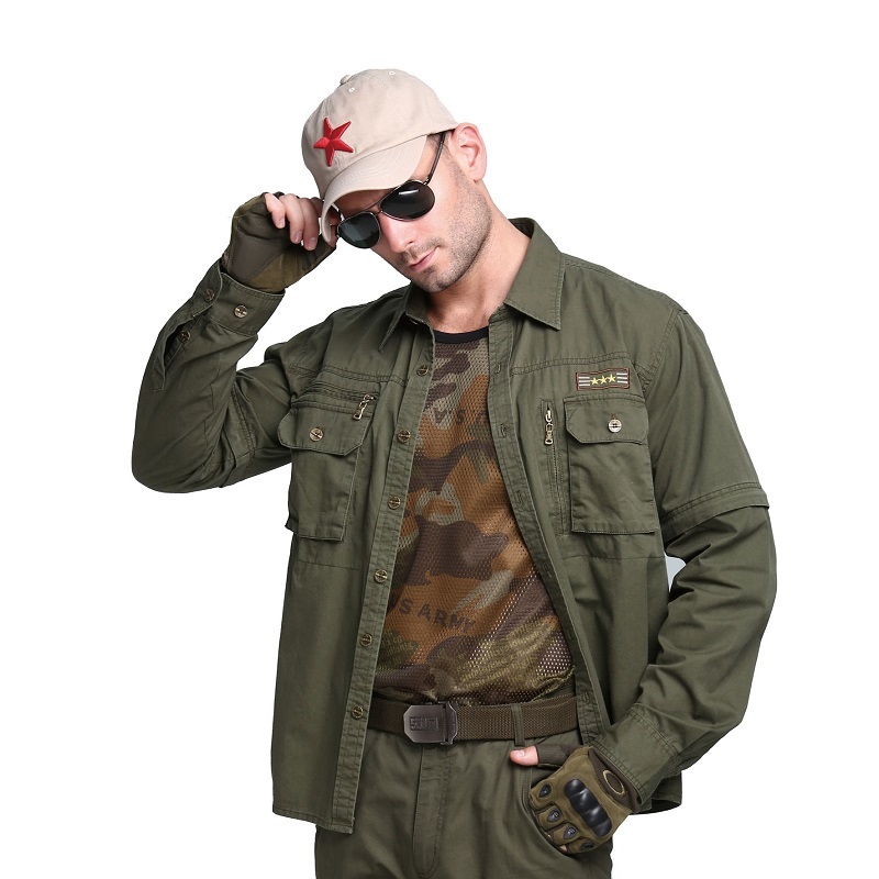 

2021 New of Army Men Military Button Multi-pocket Collar 100 Cotton Casual Male Shirt Load Long Detachable Sleeve Plus Big Size 32ko, Army green.