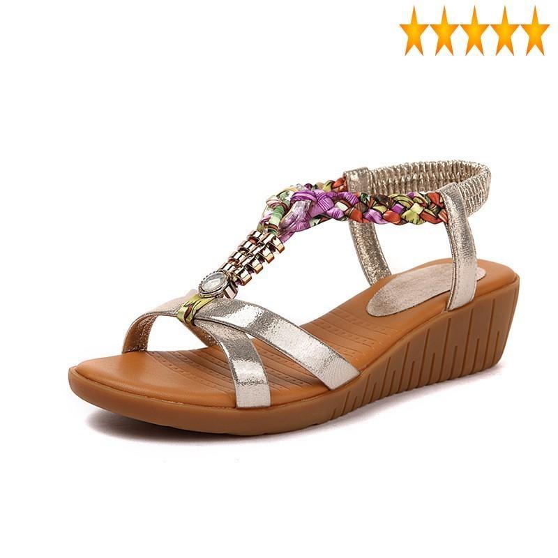 

Summer Wedge Women 2021 Real Leather Shoes New Fashion Roman Sandales Female Weave Elastic Open Toe Boho Beach Sandals, Golden
