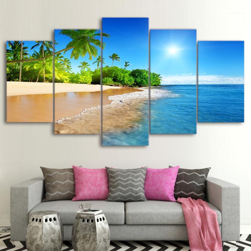 

Wall Art Decor Living Room Framework 5 Pieces Sea Water Palm Trees Sunshine Seascape Modular Paintings Canvas Pictures HD Prints1