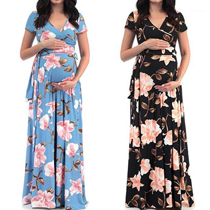 

Plus size pregnant women dress v-neck Short-sleeved printed maternity dresses pregnancy dress 4 colors Q05061, Red