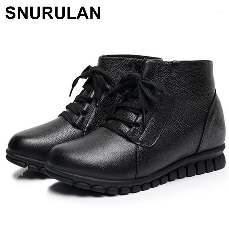 

SNURULANGenuine leather women boots 2020 warm snow boots women plus velvet winter shoes non-slip wedges waterproof winter1, Black