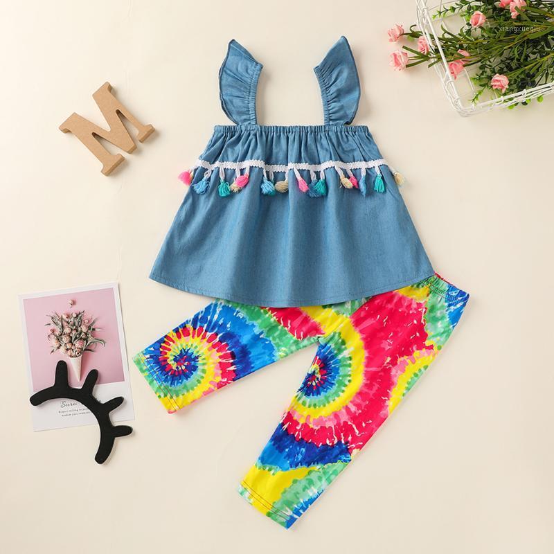 

Toddler Baby Girls Sets Sleeveless Tops Tassels Suspender Denim Tops+rainbow Tie-dyed Pants 2pcs Tracksuit Outfits Set1, Multicolour