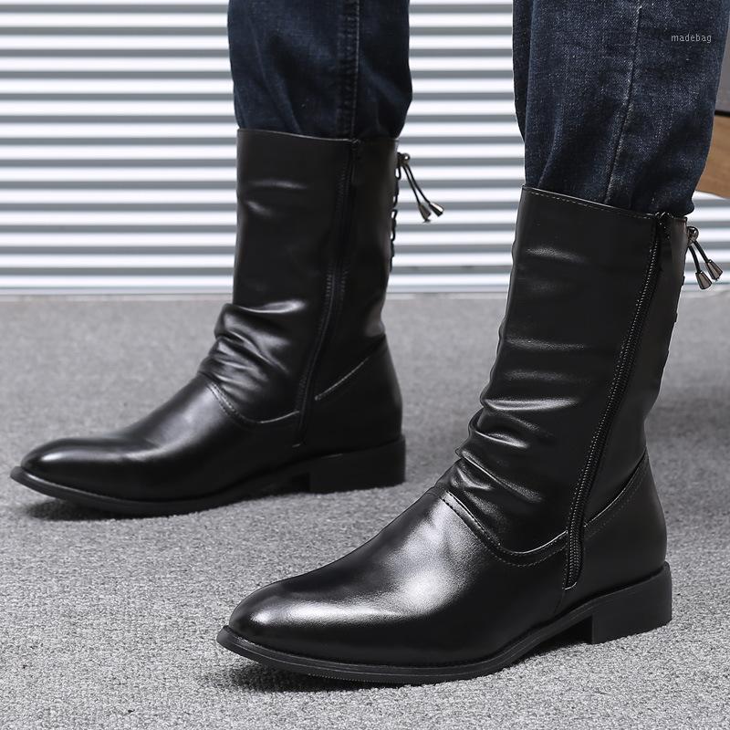 

high quality men designer long boots genuine leather shoes punk motorcycle dresses mid-calf high boot gentleman botas1, Black