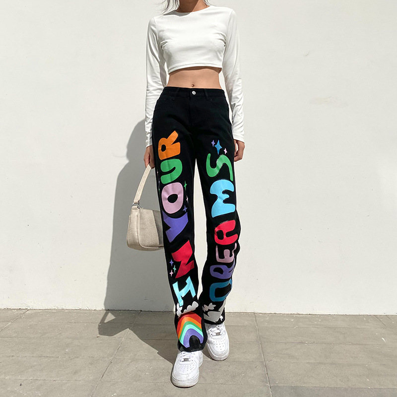 

New Style Pants Straight-Tube Casual Style Monogram Jeans Youth Fashion European and American Style Cotton Trousers, Blue