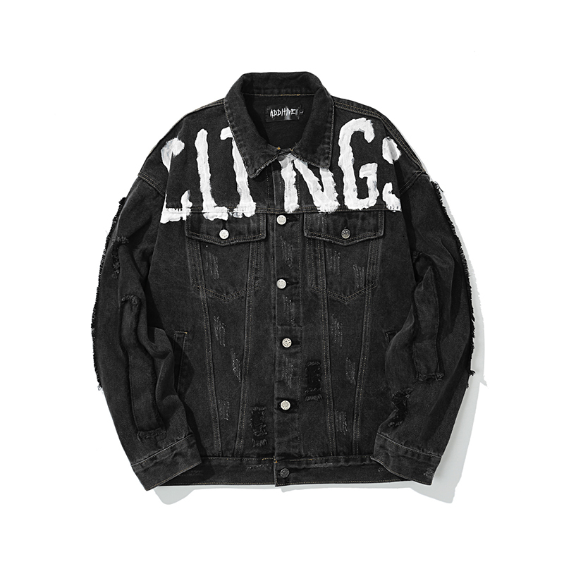 

2021 New Harajuku Letter Print Frayed Spliced Denim Coat Mens Lapel Washed Retro Oversize Windbreaker Jeans Hip Hop Baggy Casual Jackets Un6, Blue