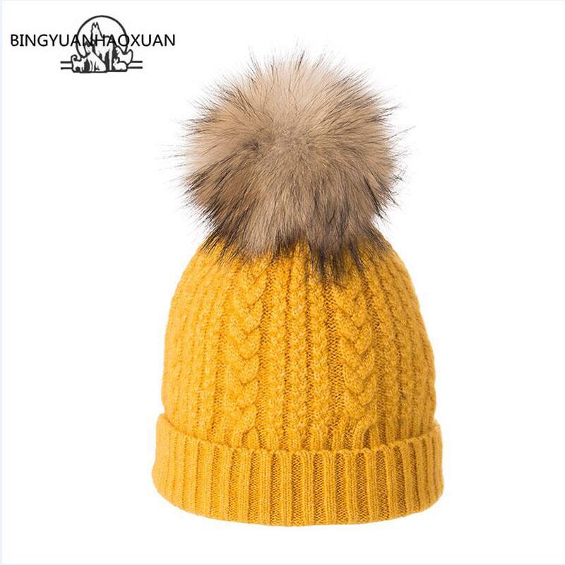 

BINGYUANHAOXUAN 2020 Women's Hats Thicken Beanies Winter Hats for women 100% Raccoon Fur Pompom Hat Female Twist pattern caps