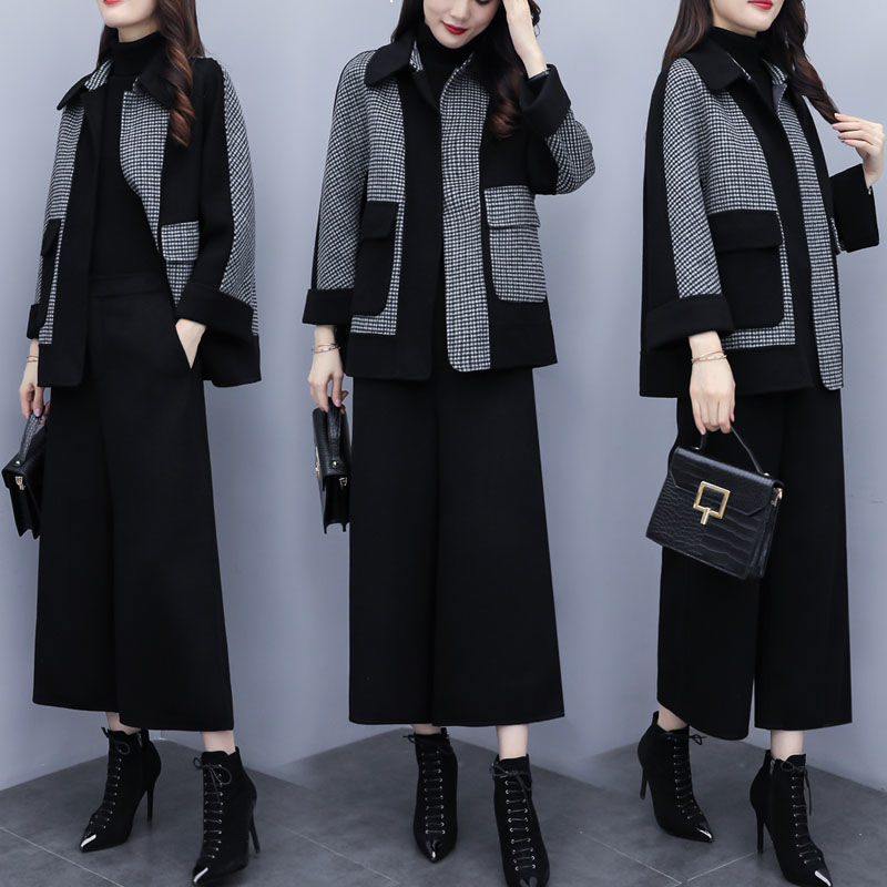 

2021 New Women's wool suits winter big S-3XL chess jacket + baggy warmer fashion pants loose sets of two y482 parts 943H, Suit