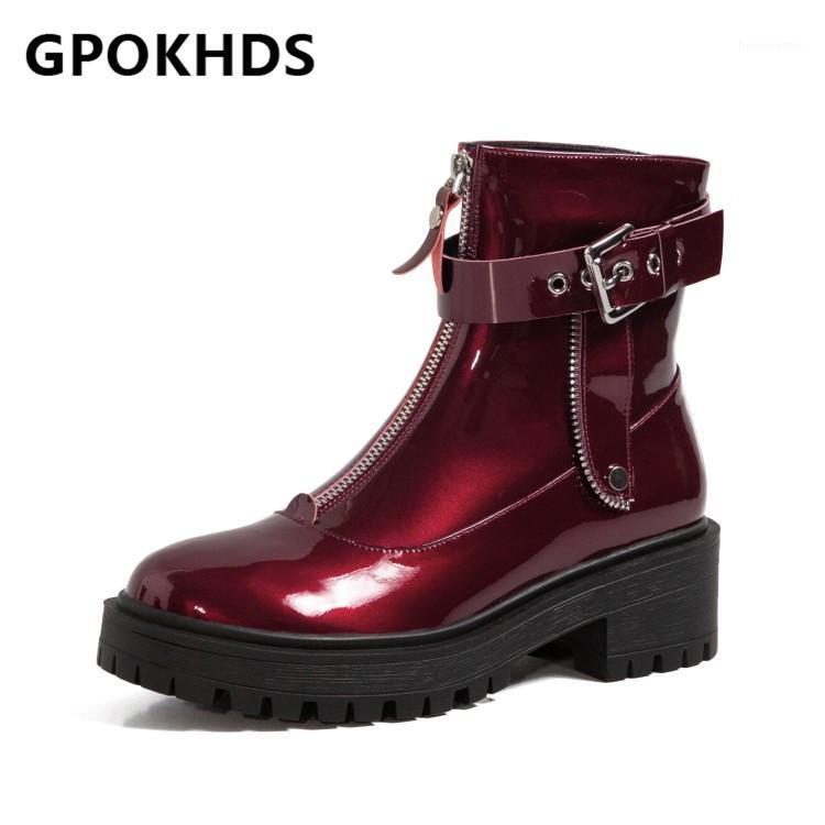 

GPOKHDS 2021 women Ankle boot Patent Leather Winter short plush Round Toe Metal Decoration High heels female Riding boot size 391, Black