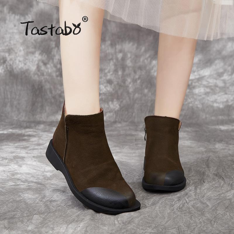 

Tastabo Genuine Leather ladies ankle boots Handmade vintage style everyday Women's boots Brown Black S95102 Low heel boot