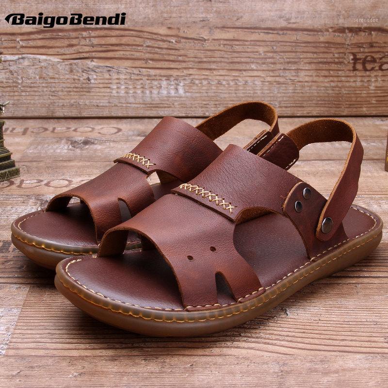

Middle aged Man Summer Leather Slippers Outdoor Breathable And Comfortable Sandals Beach Slides Casual Father Shoes1, Black