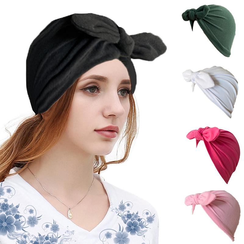 

Autumn Winter Bowknit Women Hair Bands Cap Solid Color Elastic Ladies Turban Beanie Hat, Purple