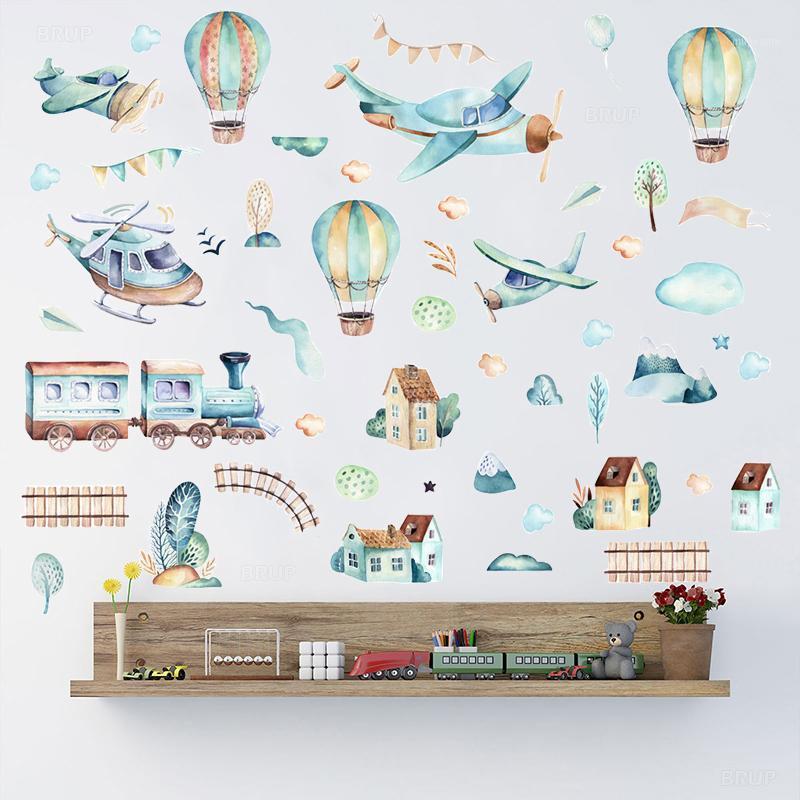 

Hand Paint Watercolor Cartoon Airplane Train Wall Stickers Hot Air Balloon Stickers for Kids Room Nursery Decoration Wall Decals1