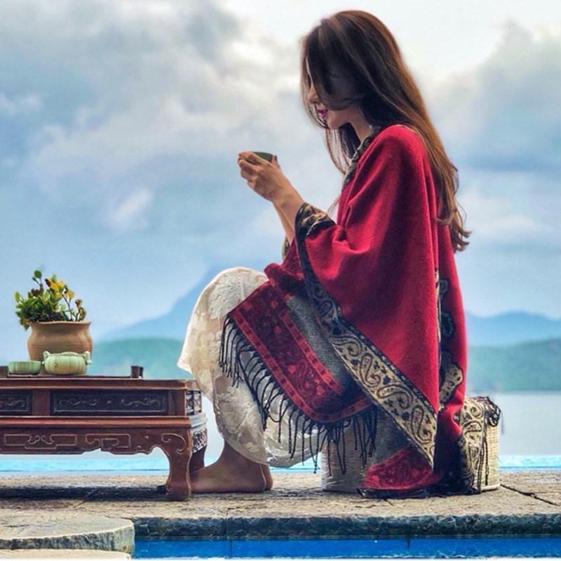 

Scarves Ethnic Style Shawl Female Nepal Slit Tibet Lake Tourism Po Cloak Scarf Thick Warm Luxury Designer Women Knitted1