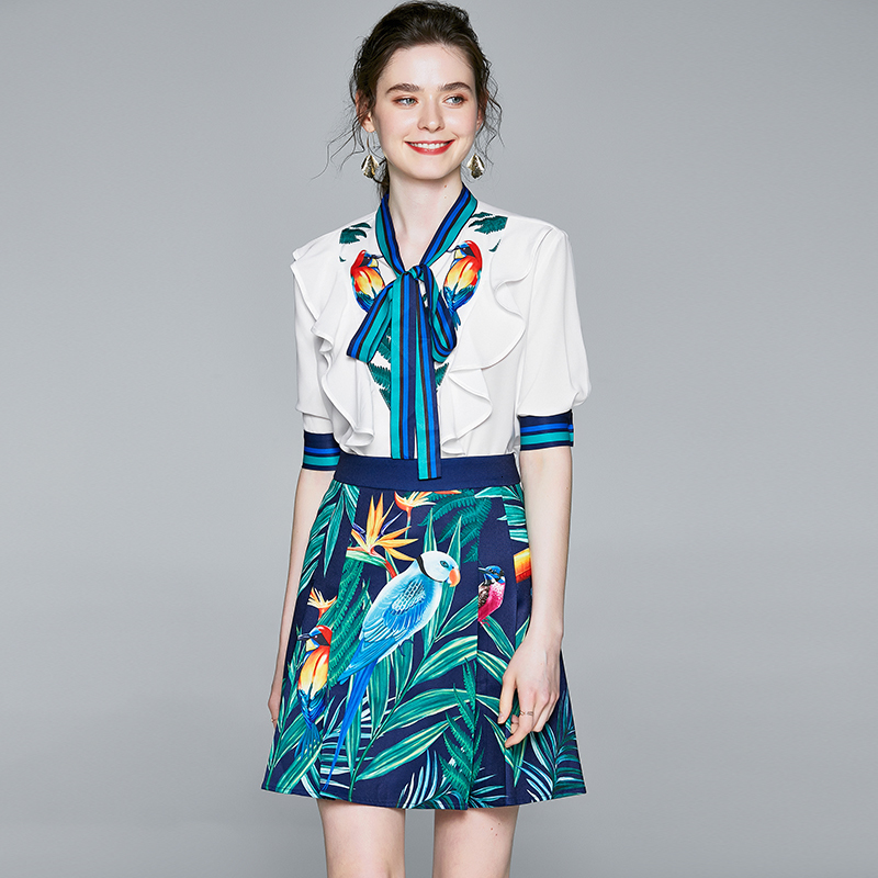 

2021 New Summer Fashion Runway Suit Women's Bow Stripe Ruffles Blouse + Animal and Plant Print Ladies Skirt Two Pieces Set Wd0i, Design and color
