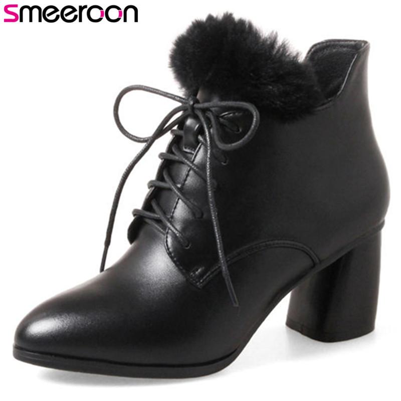 

Smeeroon popular high heels autumn winter boots lace up women boots round toe ankle for women wedding shoes, Black