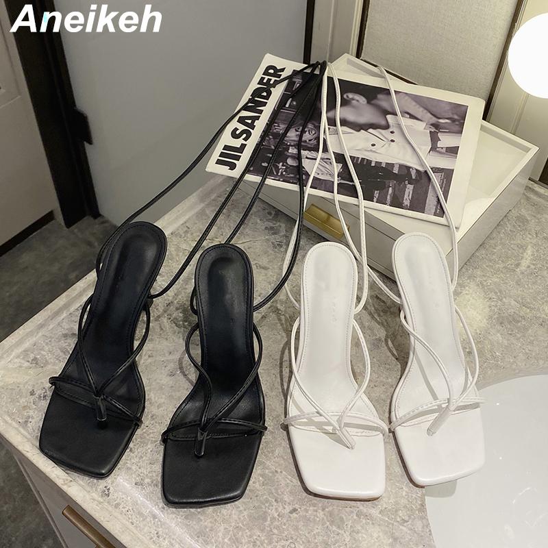 

Aneikeh High Heels Femmes Sandales 2021 Women Shoes Narrow Band Head Peep Toe PU Fashion Cross-Tied Rome Zapatos De Mujer Summer, Black
