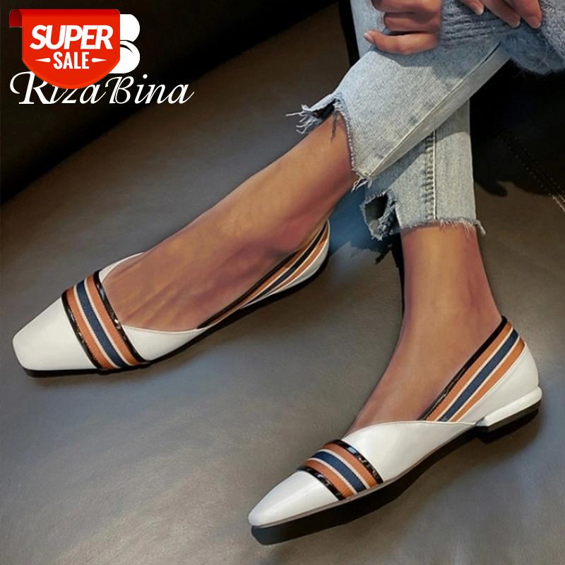 

RIZABINA Real Leather Women Shoes Mixed Color Slip On Women Flats Patchwork Square Toe Party Casual Female Footwear Size 34-39 #yr29, Black