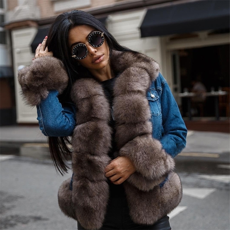 

Tatyana Furclub Denim Winter Women Natural Fox Coat Thick Warm Parka Real Fur Jacket 201102, Pink