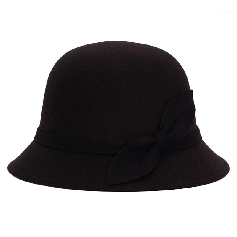 

Cute Fashion Ladies Women Faux Wool Felt Bucket Hats Cloche Bowler Cap with Bowknot UND Sale1, Black red