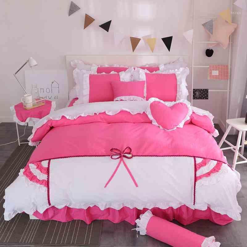 

Korean 100% Cotton Princess Bedding Set King Queen Size 4/6/8pcs Rose Bow Girls Duvet Cover Ruffles Bed skirt sheet Pillow cases1