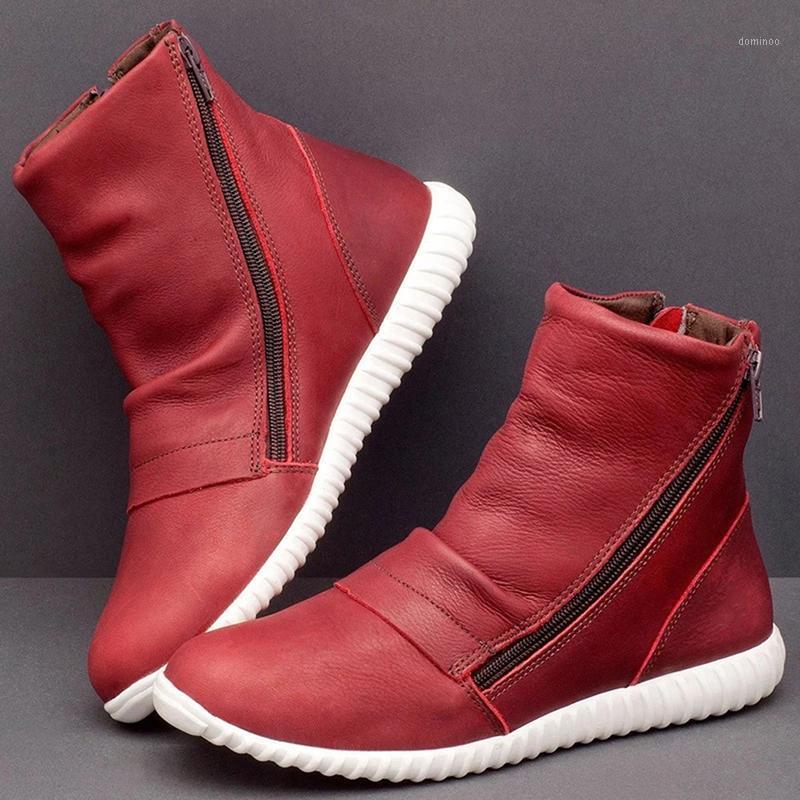 

2020 Spring Winter New Women's Casual Flat Leather Retro Boots Side Zipper Round Toe Shoes Boots Comfortable Shoes Women1, Black
