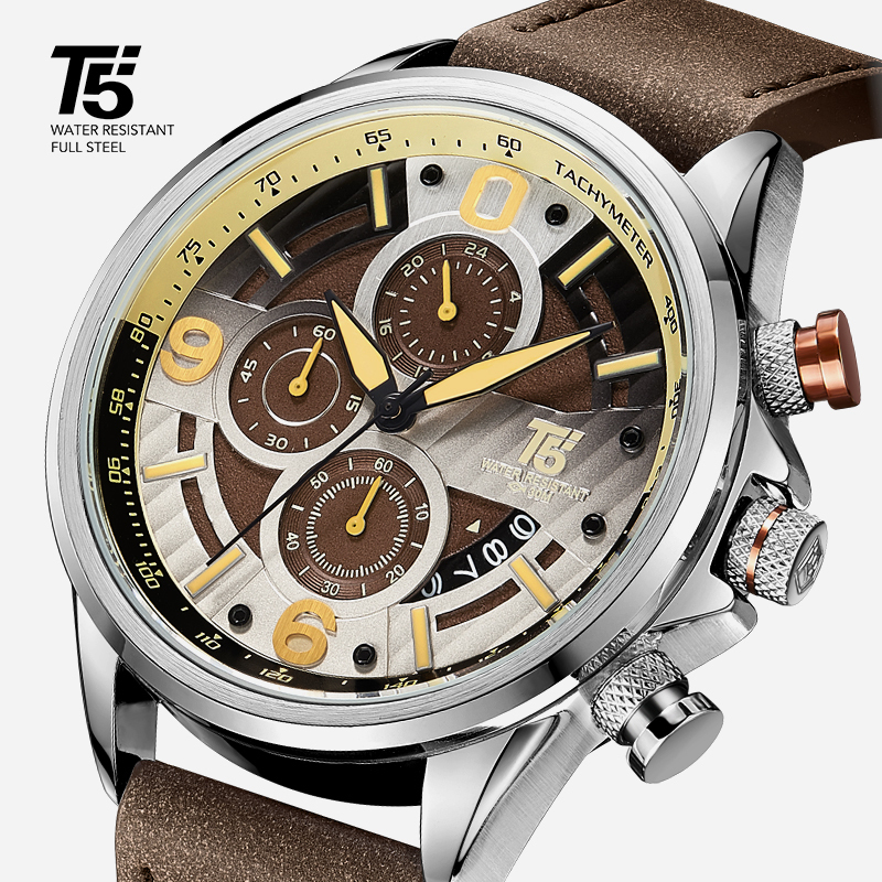 

T5 Leather Men's watch, quartz watch, waterproof, sports watch