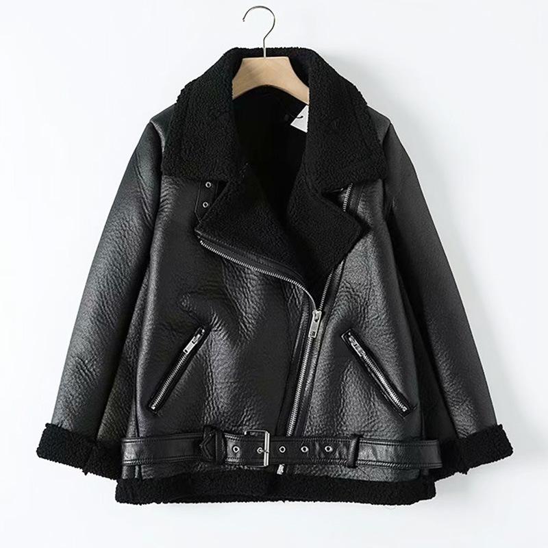 

Women Beige Fur Faux Leather Jacket Coat With Belt Leather 2021 Winter Thick Warm Oversized Coat Faux, Style a