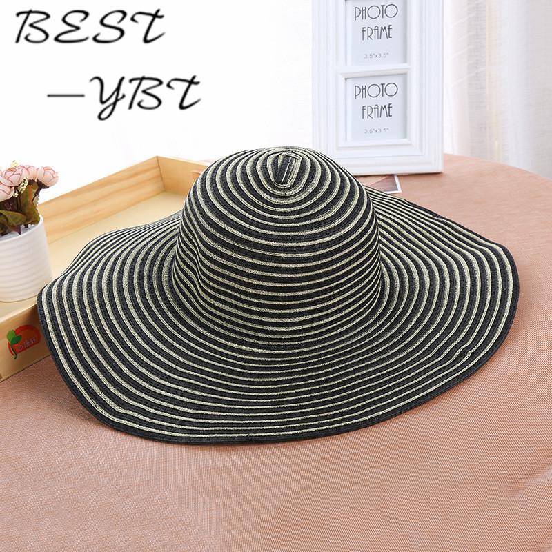 

new Black and white stripes sunhat woven straw hat along the beach large UV lady hat